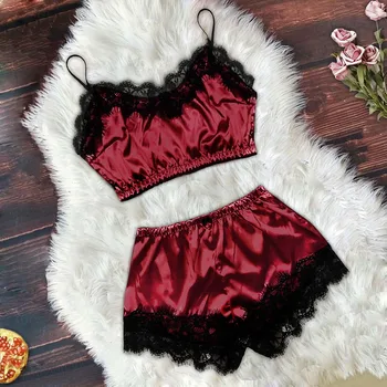 

Women Sleepwear Pajamas Sets Sexy Lingerie Women Satin Lace Camisole With Bow Shorts Pajamas Sleepwear Set S-xl Pijama Mujer