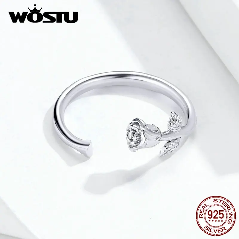 WOSTU, настоящее 925 пробы Серебряное обручальное кольцо, Нежная роза, регулируемые кольца на палец для женщин, модное ювелирное изделие FNR065