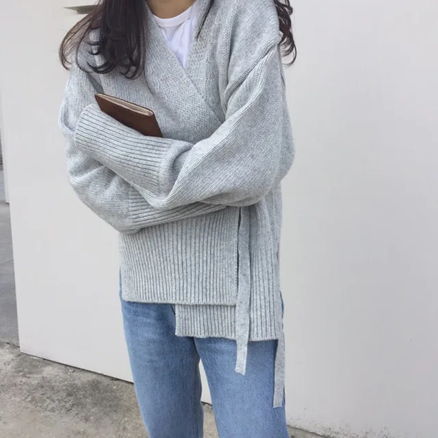Однотонные вязаные кардиганы, свитер Харадзюку, женские свитера на шнуровке, большие размеры, женские свитера с v-образным вырезом, топы с длинными рукавами, джемпер, Pull Femme - Цвет: Серый