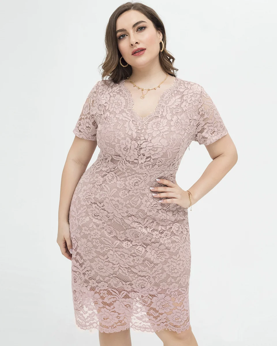 Plus Size Lace Dress Women Elegant Pencil Midi Dress With V Neck Big Size Casual Pink Dresses Short Sleeve Summer Dress XL-XXXXL