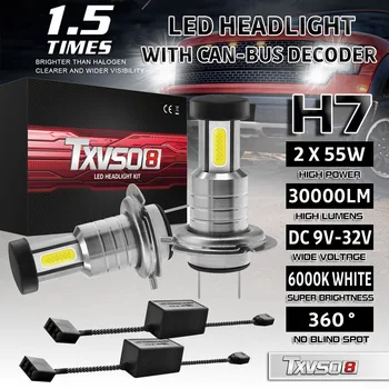 

H7 LED Car Headlight Conversion Globes Canbus Bulbs Beam Kit With Can-bus Decoder Error Free Anti Flicker Wiring Harness Adapter