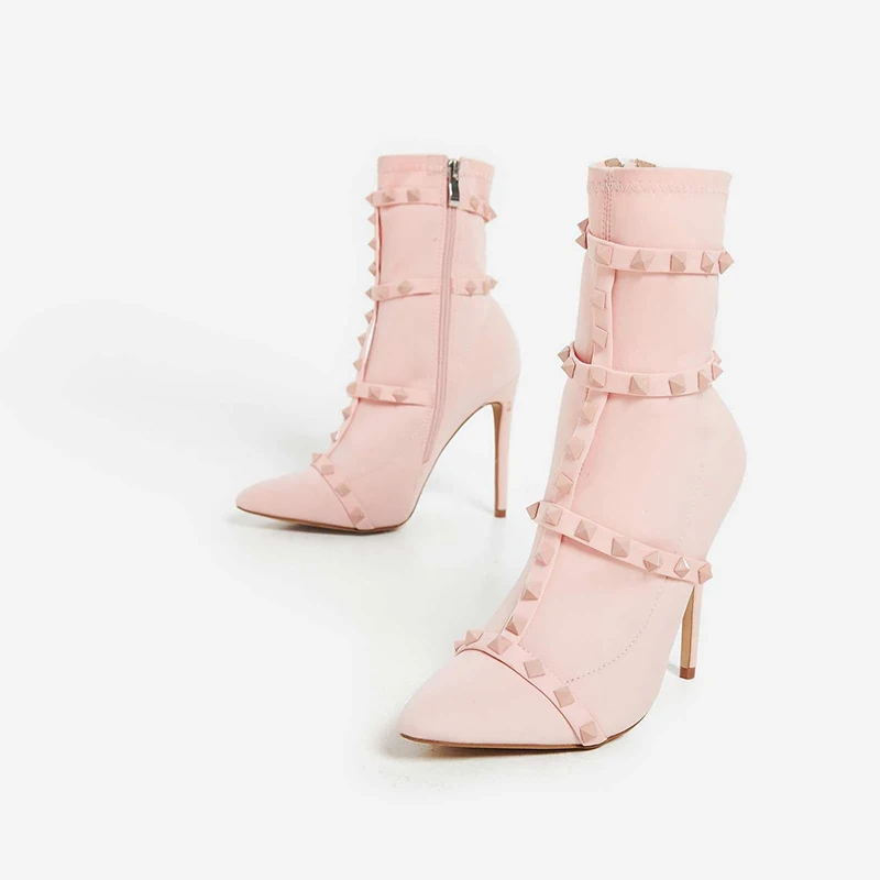 Декорирован стразами, носки под сапоги в розовом цвете, лайкра, на высоком каблуке, на шпильке, с острым носком; Осенняя обувь на молнии с заклепками однотонные несколько Цвет ботильоны - Цвет: pink