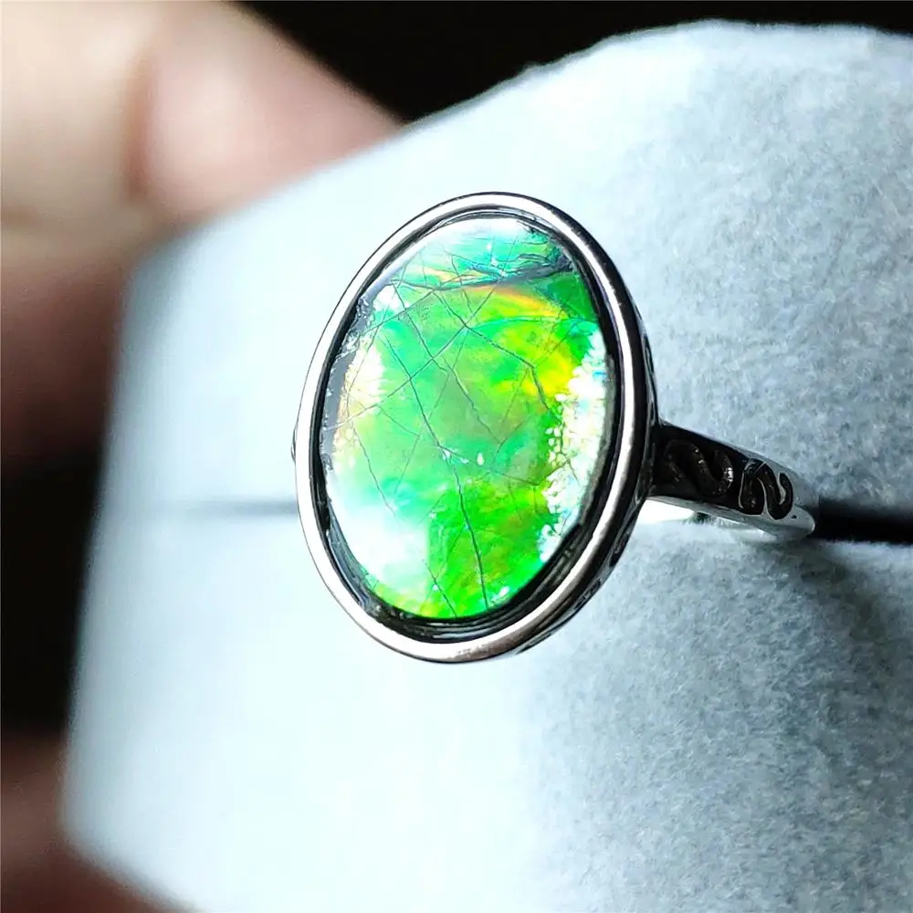 

16x12mm Natural Green Ammonite Ammolite Ring Men Woman Crystal Love Gift Beads 925 Sterling Silver Fashion Rings AAAAA