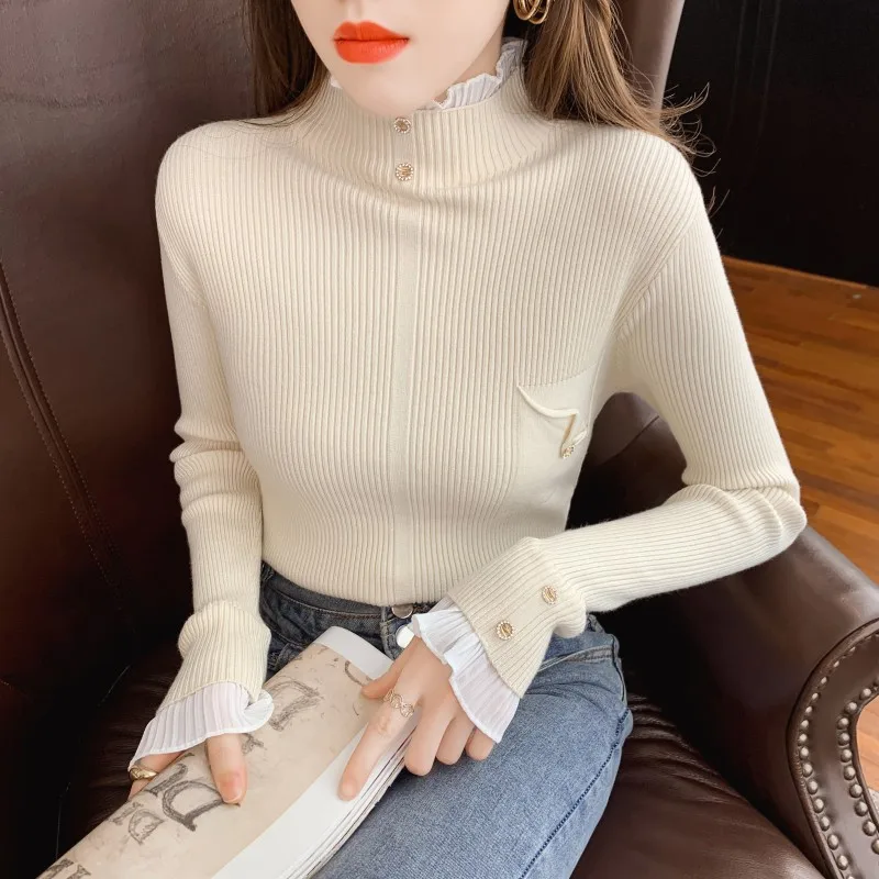 

Knitting Stitching Chiffon Elegant Feminine Flare Sleeve New Winter Fashion Show Thin Sweater Turtleneck Base Office Lady Tops