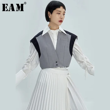 

[EAM] Women Loose Fit Gray Split Joint Striped Temperament Vest New V-collar Sleeveless Fashion Tide Spring Autumn 2020 1K726