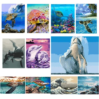 

DIY Painting By Number Ocean Turtle Shark Paint Canvas Picture Oil Painting Coloring By Numbers Hand Painted Modern Gift