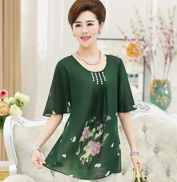 Шифоновая рубашка с коротким рукавом для среднего возраста, футболки для мамы, Новинка лета, свободные женские топы большого размера с круглым вырезом и принтом, футболки