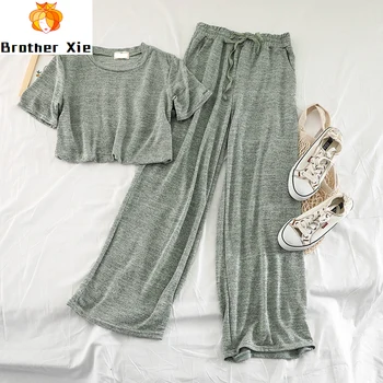 

G982 Chic Knitted Retro Loose T-shirt Top with High Waist Wide Legs Leisure Trousers Two-piece Suit Women Two Piece Outfits