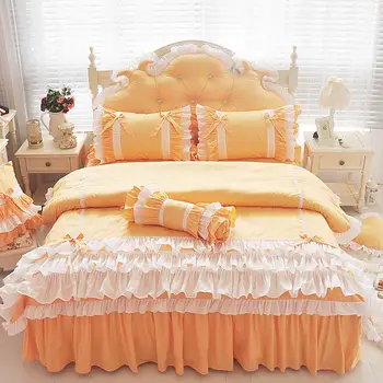 

100% Cotton Korean Princess Bedding Set King Queen Size White Ruffle Bow Duvet Cover Bed Skirt Pillowcases Bedroom Home Textile