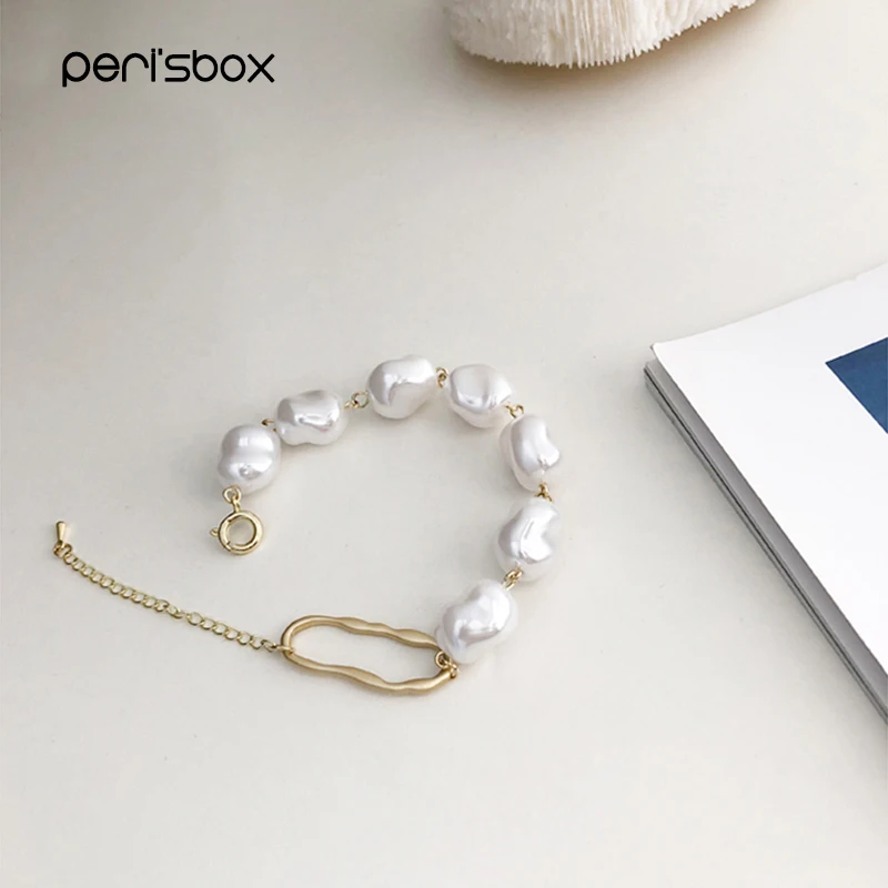 

Peri'sbox Faux Large Rice Pearl Bracelet White Baroque Pearl Bracelet Layering with Circle Irregular Pearl Bracelets for Women
