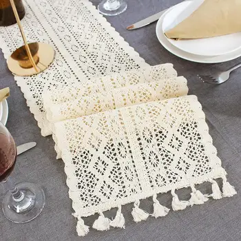 

50 Crochet Hollow Lace Table Runner Tassels Beige 100% Cotton Wedding Decor Tablecloth Nordic Romance Table Cover