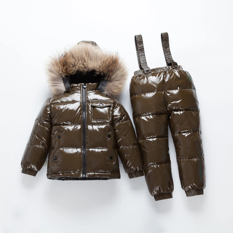 

2019 Kids Winter Ski Suit Child White Duck Down Jacket Fur Collar Overalls