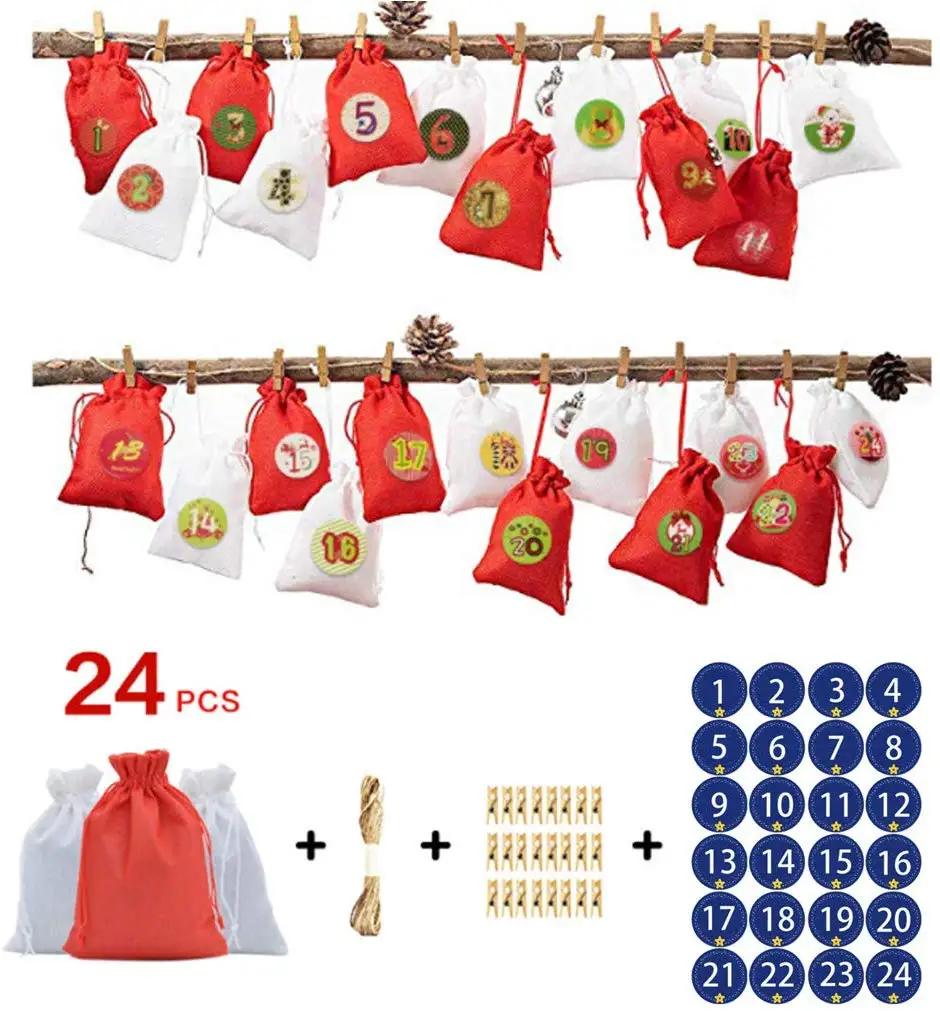

24pcs/set Advent Christmas Calendar Filling Candy Bag Stickers Clips Drawstring christmas advent calendar decorations for home