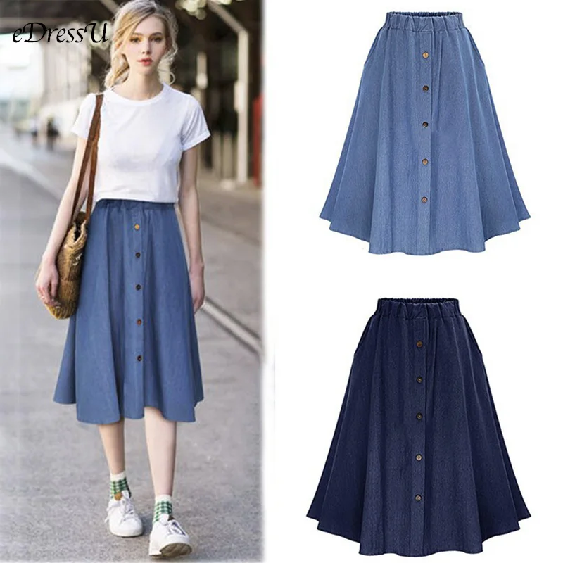 A-line Denim Skirt High Waist Casual Skirt Women Loose Midi Long Skirt Cotton Buttons Spring Summer Office Daily Skirt LS-9830 boweylun korean version business casual cardigan spring and autumn men s buttons pocket v neck sweatercoat youths