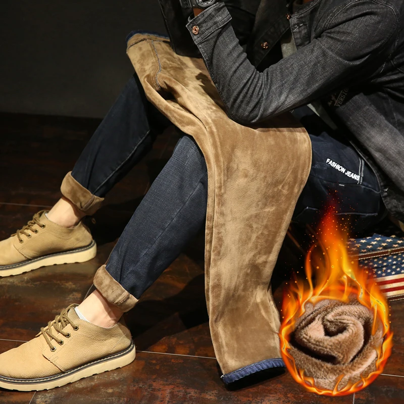 

2020 Winter New Men's Warm Jeans Fashion Casual Classic Style Blue Black Denim Thicken Trousers Male Pants