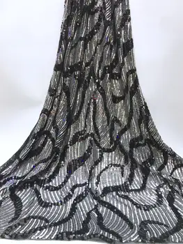 

Newest High Quality 2019 Tulle sequins French Nigerian Lace Fabrics Black Gold Line Embroidered African 3d Lace Fabric