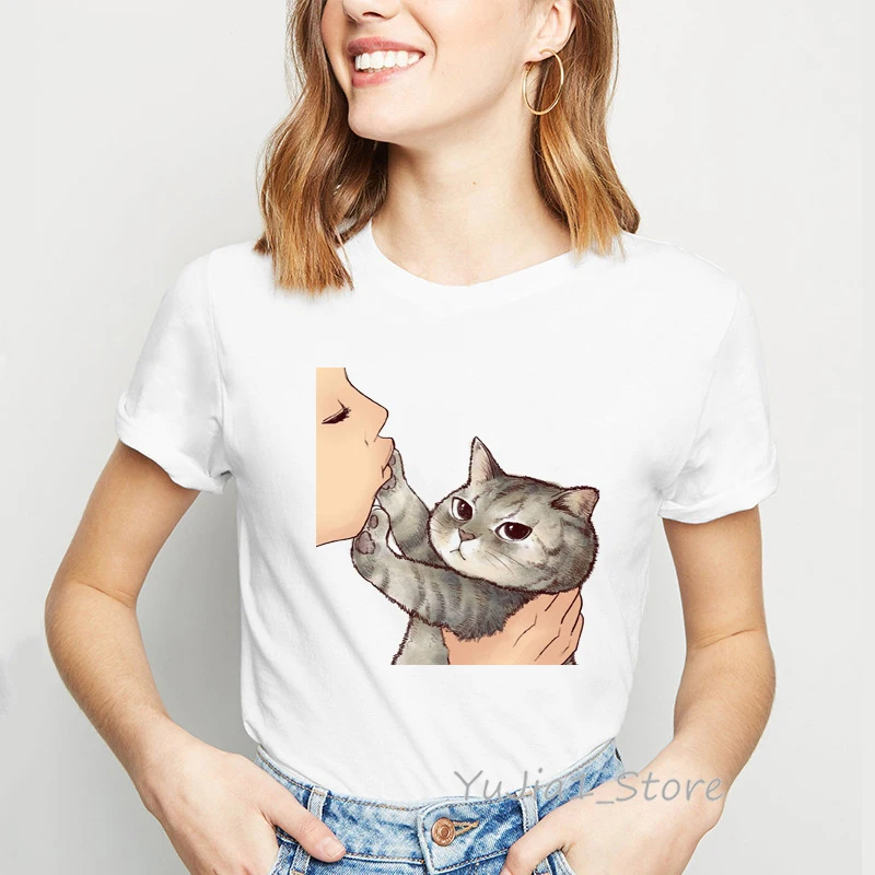 Забавные футболки с принтом no kiss cat harajuku kawaii Футболка животных летний топ белая
