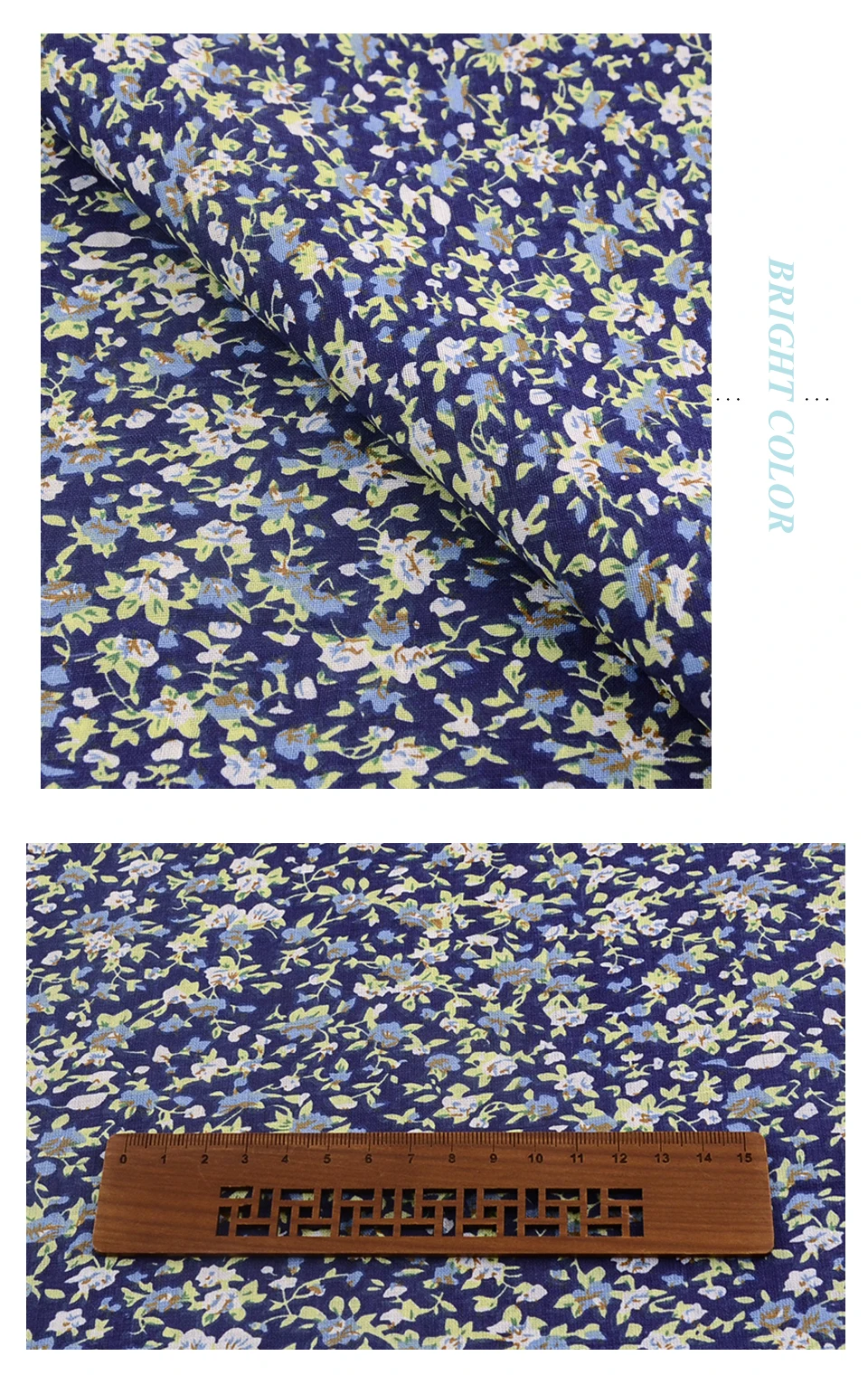 Teramila Grid Pattern Navy Blue Floral Plain Cotton Printed Patchwork Cloth Fabric for Art Sewing DIY Handmade Crafts Needlework