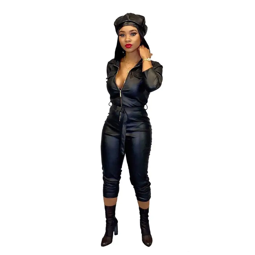 Adogirl Fashion Sexy Women PU Leather Jumpsuit Front Zipper Long Sleeve Skinny Romper with Adjustable Belt Female Club Overalls - Цвет: black jumpsuit