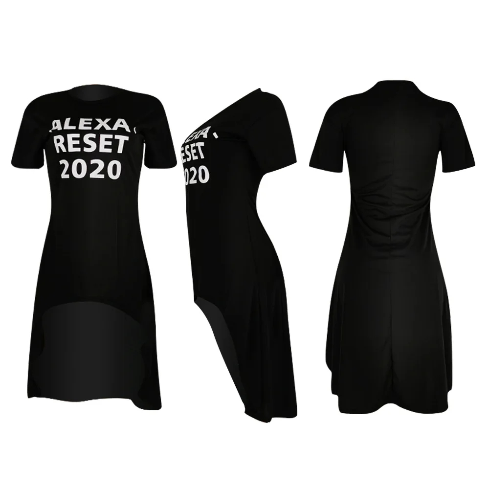 Echoine 2020 Summer Alexa Reset 2020 Letter Print Women O-neck Short Sleeve Irregular Long T-shirt fashion casual Party Tee
