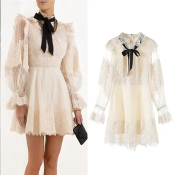 

New version of its apricot white gauze lantern sleeve semi permeable G0841 stitching bud silk chiffon dress