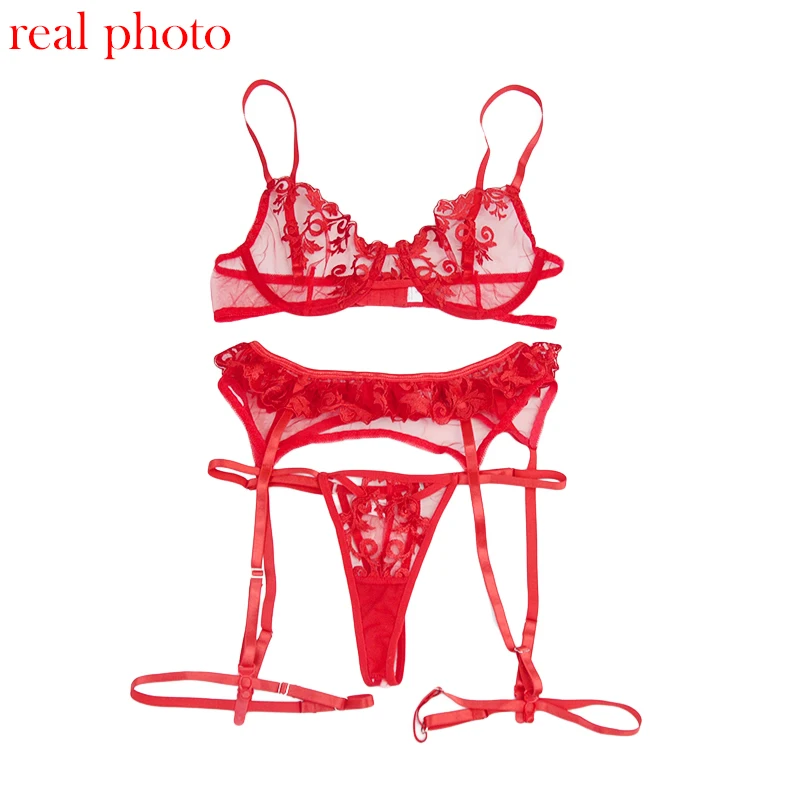 plus size bra and panty sets Ellolace Sensual Lingerie Erotic Red Lace Underwear Set Women 3 Piece Sexy Transparent Exotic Beautiful Love Secret Bra Set lace bra panty set