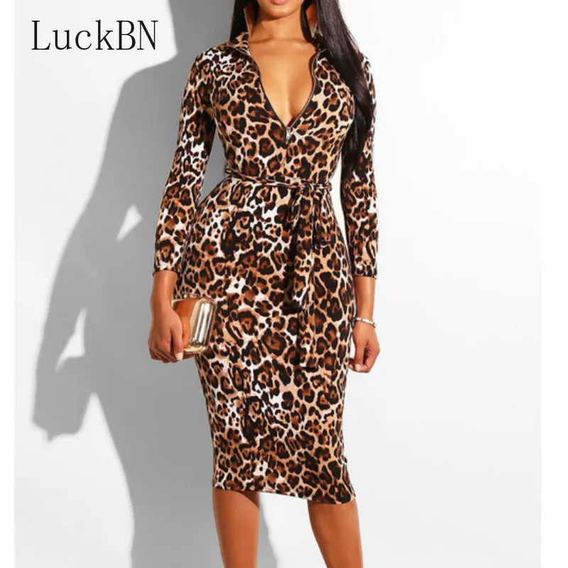 LuckBN Women's Clothing Dresses Fashion Plaid Printing with Zip In Front Sexy Bodycon Autumn Dress Leopard Grain Party Dresses