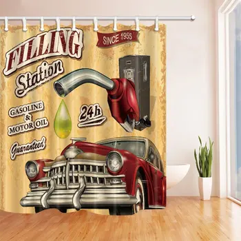 

Old Car at Filling Station in 1955 Bath Curtain, Polyester Fabric Waterproof Shower Curtain, 71X71 in, Shower Curtains Hooks