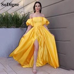 SoDigne Yellow Satin Everning Party Dress 2021 Off The Shoulder Side Slit Formal Prom Dress Women Night Gowns Vestidos