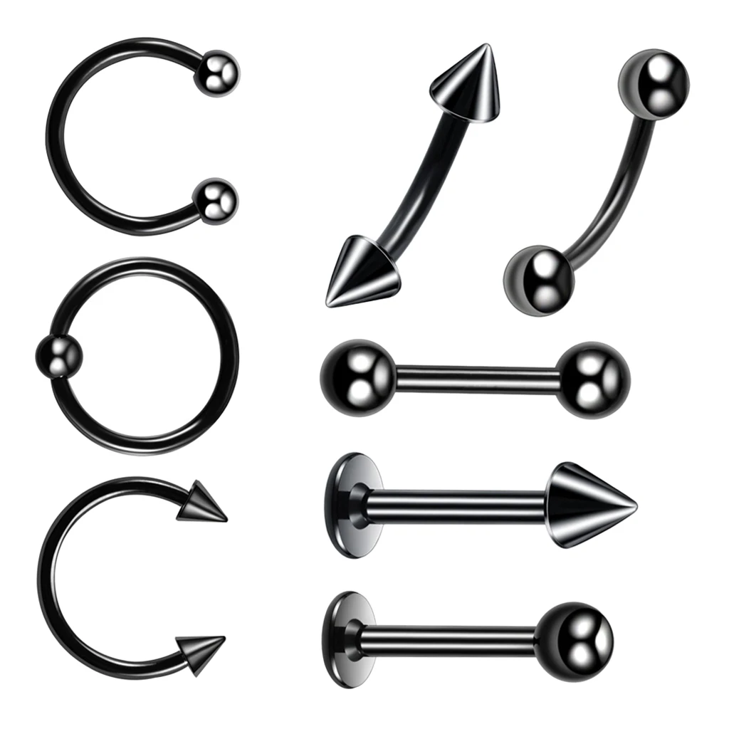 Blesiya 8Pcs Black Hoop Nose Lip Tongue Studs Eyebrow Tragus Ring Piercings