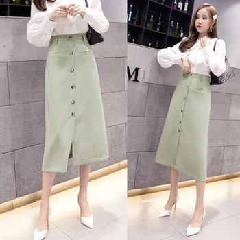 

2020 Women Work Wear Long Skirts Ladies Elegant Single Breasted Pocket Split Korean OL Style High Waist A-Line Skirts Female
