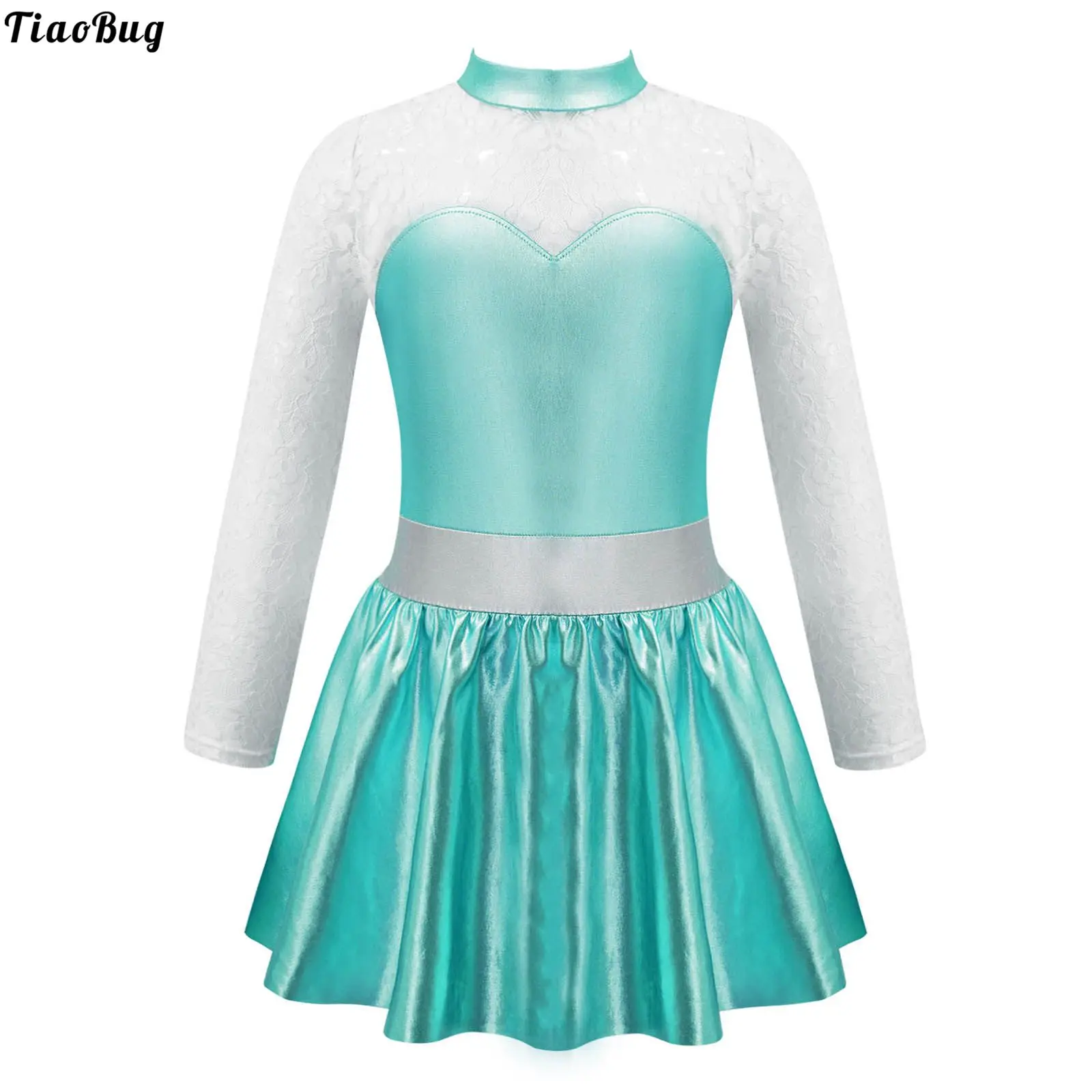 

Kid Girls Long Sleeve Round Neck Hollow Back Lace Patchwork Bronzing Cloth Leotard Dress For Ballet Dance Gymnastics Performance