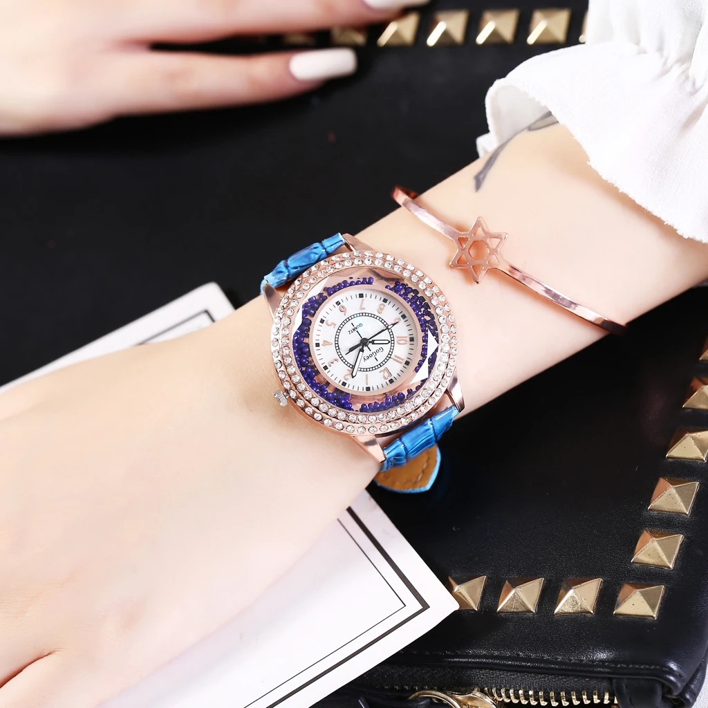 Горячая Распродажа женские кожаные подвижные алмазные Кварцевые часы Лакшери часы подарок настенные часы Relogio Feminino