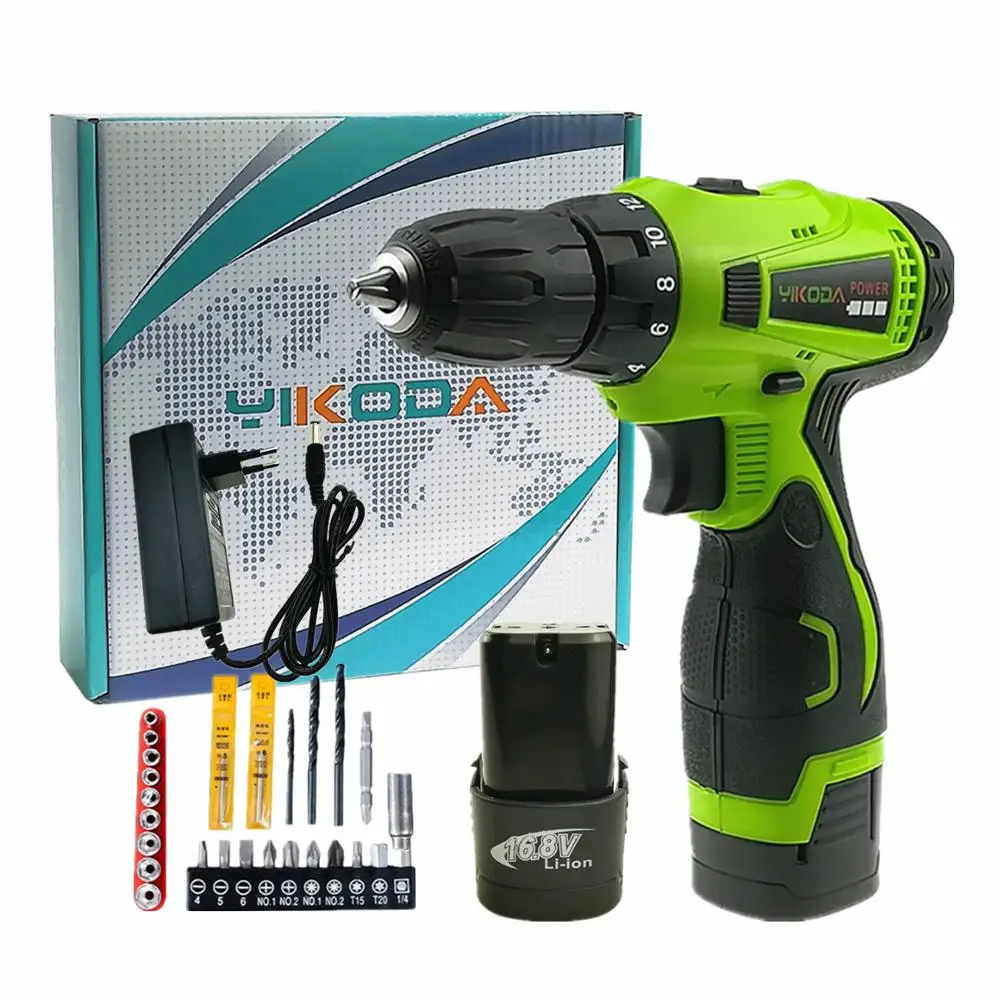 

16.8V Cordless Drill Electric Screwdriver Household Double Speed Rechargeable Power Tools Two Lithium Battery Carton Accessories