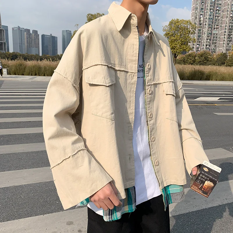 

Spring Fake Two-piece Jacket Men's Fashion Plaid Stitching Casual Jacket Men Streetwear Wild Loose Hip Hop Bomber Jacket Mens