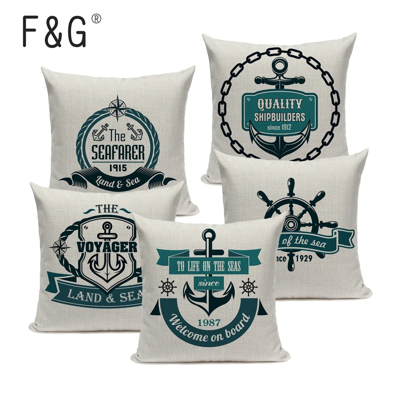 

Sea Blue Helm Printed Cushion Cover Anchor Pattern Marine Cottom Throw Pillow Case New Year Decorative Pillowcase