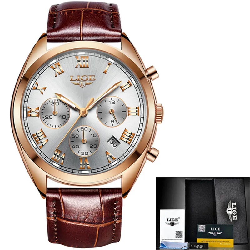 Для мужчин s часы lige top Бренд роскошные кожаные деловые водонепроницаемые часы Для мужчин модные хронограф дат Мужские кварцевые часы, наручные часы с механизмом