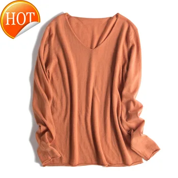 

V Women 100%Wool neck Pullovers Solid Soft Wool Sweaters 2020 Spring Bottoming Knitwear