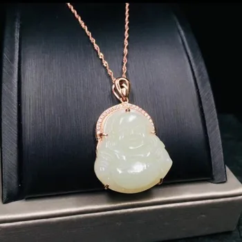 

Natural Unique Hetian White Jade 925 Silver Buddha Amulet Inlaid With Rose Gold Chain For Men and Women Pendant
