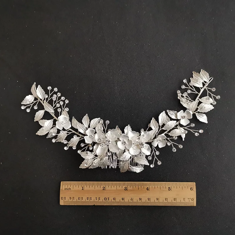 Floralbride Handmade Rhinestones Crystal Alloy Flower Leaf Long Wedding Hair Comb Bridal Headband Hair accessories Women Jewelry