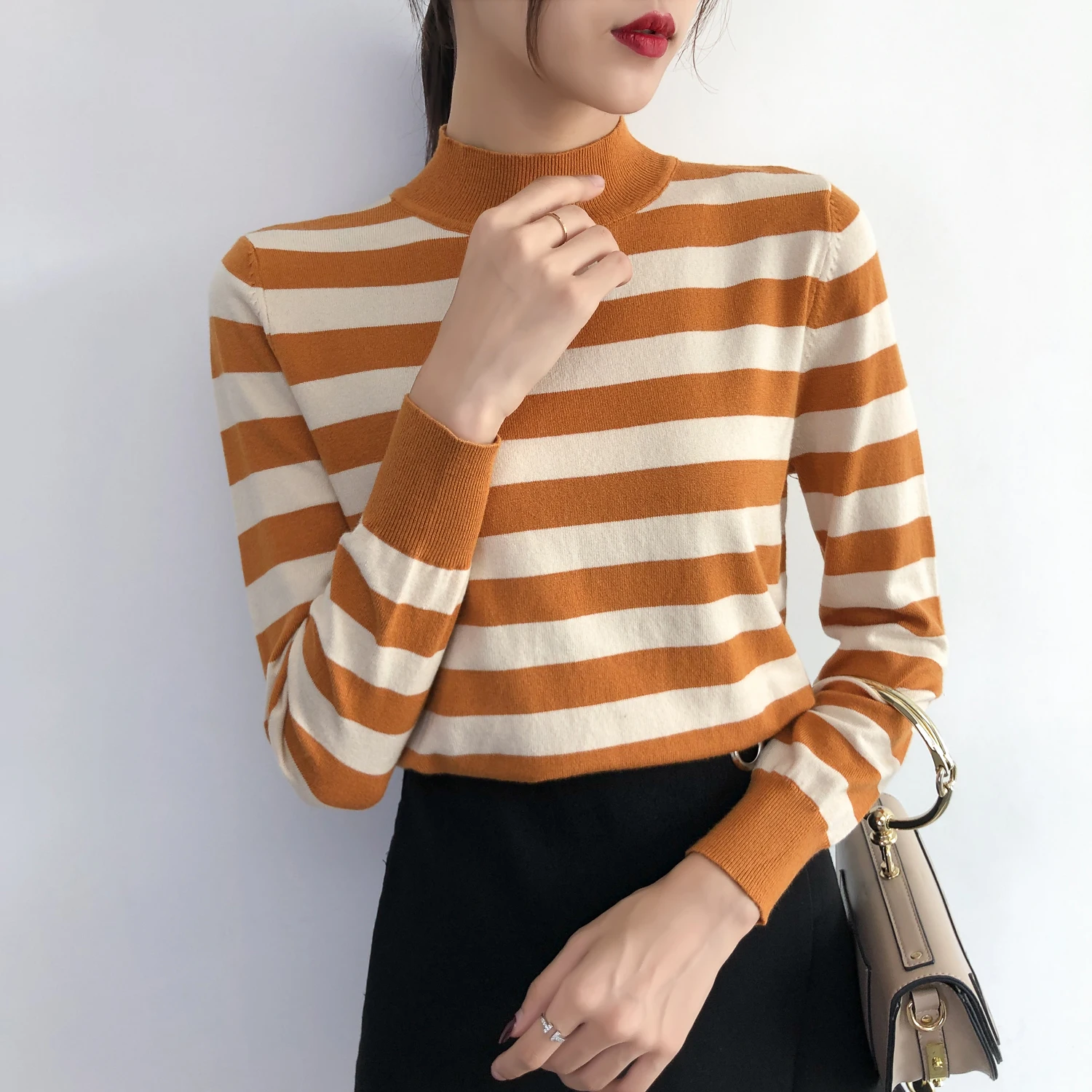 2019 New Semi-high-collar Knitted Sweater Women Long Sleeves Loose Stripes Casual Pullovers Black Lady Blue Tops Autumn Winter 2019 New Semi-high-collar Knitted Sweater Women Long Sleeves Loose Stripes Casual Pullovers Black Lady Blue Tops Autumn Winter