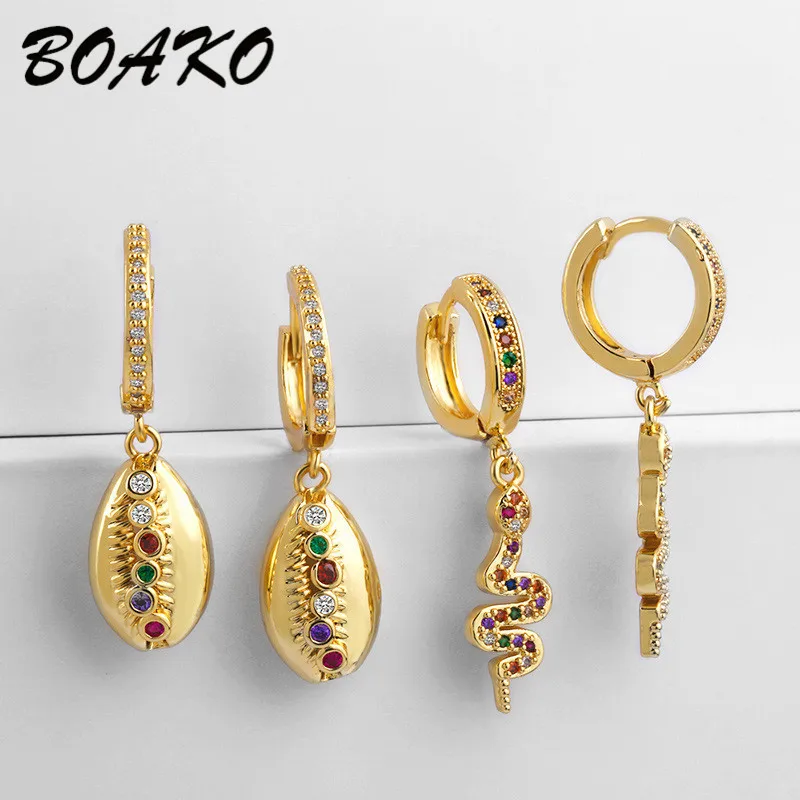 

BOAKO Fashion Cowrie Sea Shell Dangle Earrings For Women Gold Color 2019 New Summer Statement Earring Snake Conch Drop Earrings