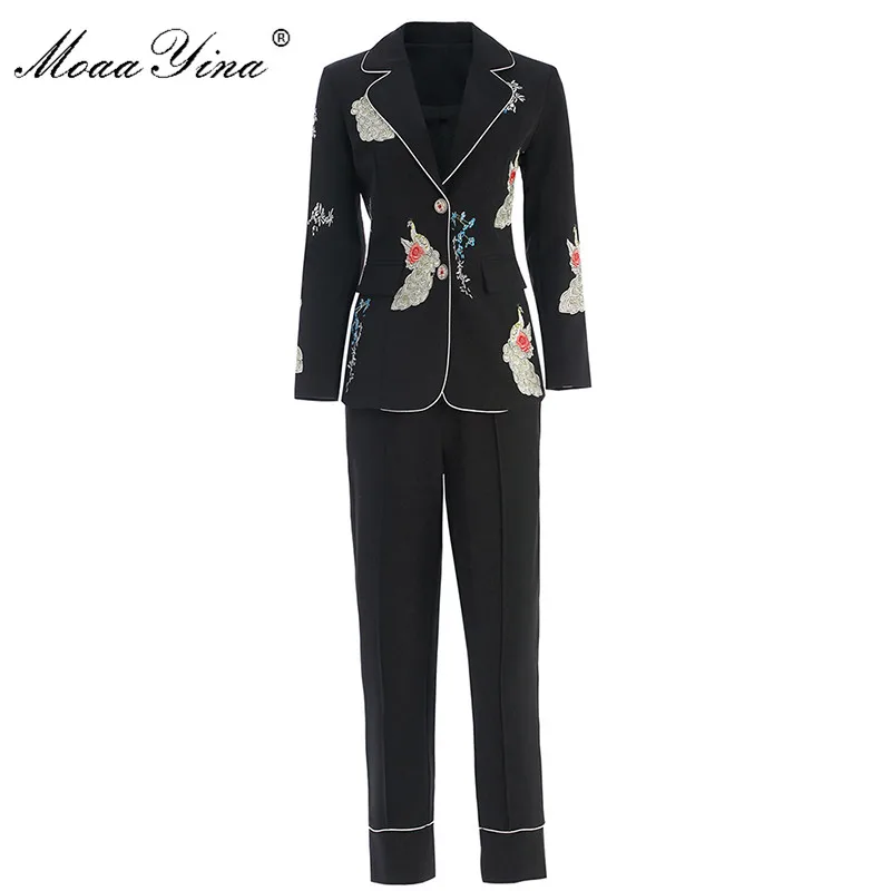 

MoaaYina Fashion Designer Set Spring Autumn Women Long sleeve Embroidery Suit Tops+3/4 pencil pants Two-piece suit