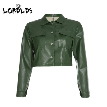 

LORDLDS Women Short Cropped Jacket 2019 Ladies Green Streetwear Long Sleeve PU Leather Jackets and coats Outwear