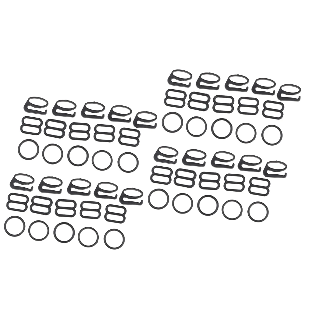20 Sets Black Bra Strap Adjuster Slider Hook O Ring Buckles Bikini Fastener