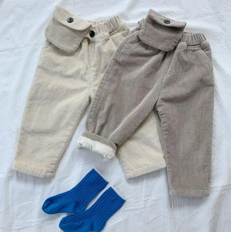 

2019 Girls Boys Corduroy Thicken Pants With Bag Autumn Winter Fashion Kids Pants 2-7T PQ539