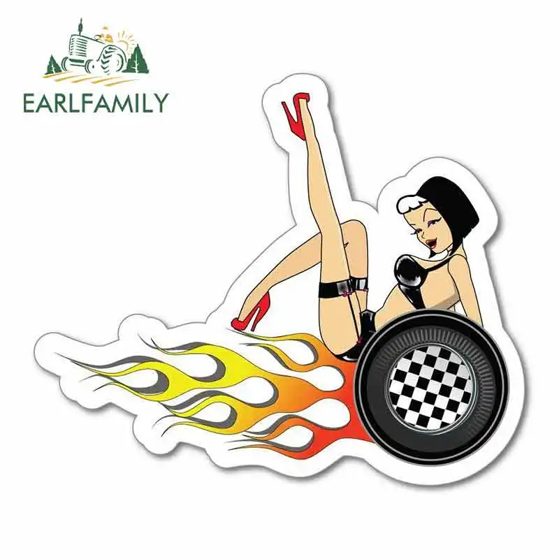 

EARLFAMILY 13cm x 13cm for Pin Up Retro Wheels Flames Sexy Girl Funny Car Stickers Waterproof Anime Bumper Trunk Truck Graphics