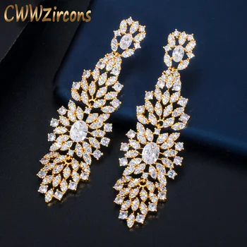 

CWWZircons African Cubic Zirconia Paved Elegant Dangle Drop Indian Gold Long Wedding Bride Earrings for Women CZ649