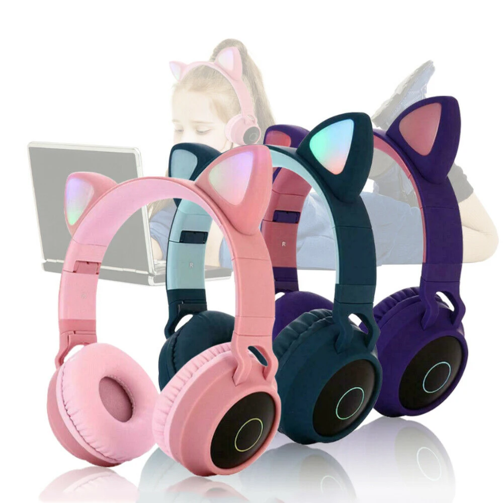 Wireless Cat Ear Noise Cancelling Headphones LED Bluetooth Flashing Glowing Headset Gaming Tablet Earphone for Kids Adults 3 5mm