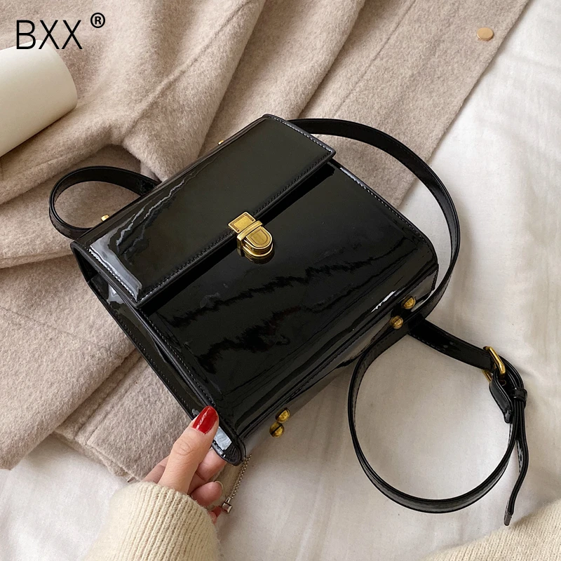 

[BXX] Patent Leather Solid Color Crossbody Bag For Women 2020 Spring All-match Flap Shoulder Messenger Bag Female Handbags HJ979